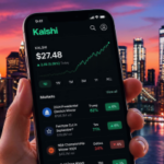 Aplicativo de previsão do mercado Kalshi com contratos eleitorais e de eventos esportivos exibidos em um smartphone em frente ao horizonte de Nova York. Os críticos desafiam a refutação de Kalshi sobre as classificações e transparência de perdas no comércio de varejo