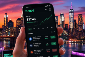 Aplicativo de previsão do mercado Kalshi com contratos eleitorais e de eventos esportivos exibidos em um smartphone em frente ao horizonte de Nova York. Os críticos desafiam a refutação de Kalshi sobre as classificações e transparência de perdas no comércio de varejo