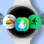 um telefone na mão exibindo a tela inicial do aplicativo Samsung Health com arbustos ao fundo