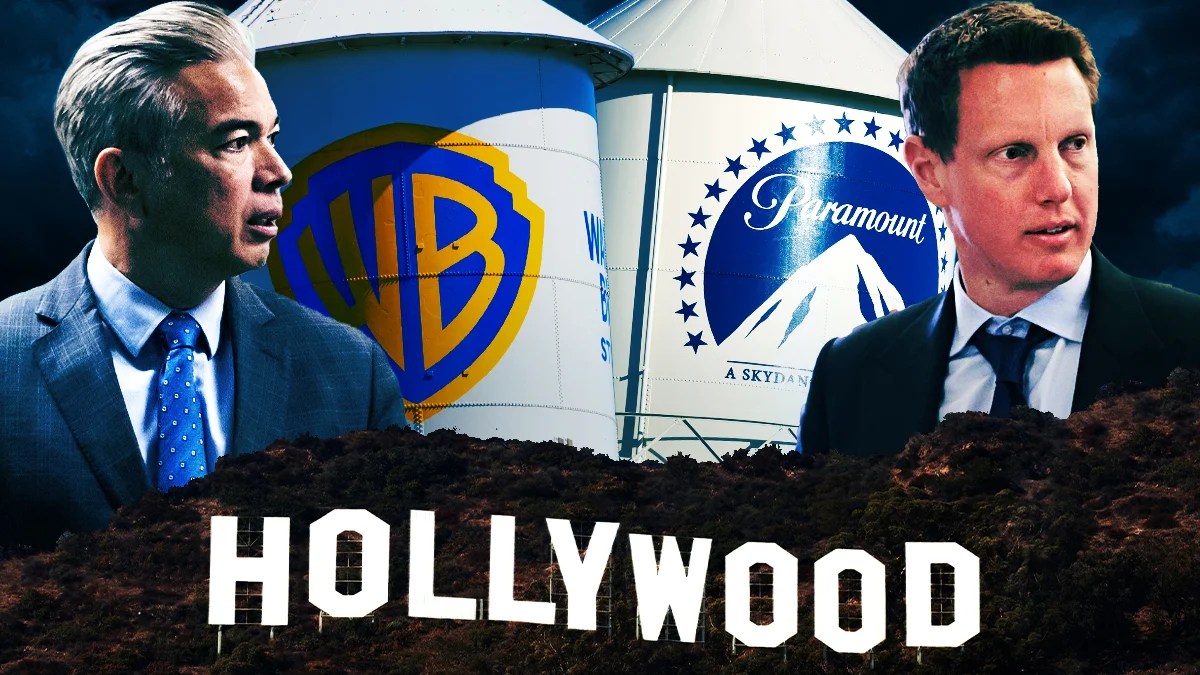 O AG da Califórnia, Rob Bonta, dirige-se à mídia horas após entrar com uma ação antitruste conjunta para bloquear a fusão Paramount-Warner Bros.