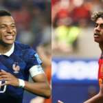 O atacante espanhol nº 19, Lamine Yamal, marca o atacante nº 10 da França, Kylian Mbappe, durante a partida de futebol das semifinais da UEFA Euro 2024 entre Espanha e França, na Arena de Futebol de Munique, em Munique, em 9 de julho de 2024. (Foto de Fabrice COFFRINI / AFP)
