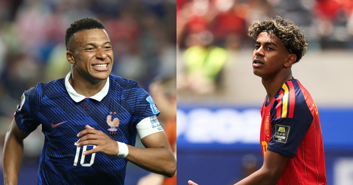 O atacante espanhol nº 19, Lamine Yamal, marca o atacante nº 10 da França, Kylian Mbappe, durante a partida de futebol das semifinais da UEFA Euro 2024 entre Espanha e França, na Arena de Futebol de Munique, em Munique, em 9 de julho de 2024. (Foto de Fabrice COFFRINI / AFP)