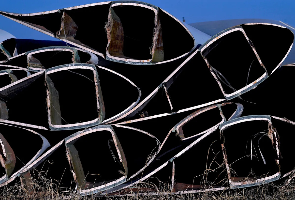 15 de janeiro de 2021; Sweetwater, Texas, EUA; Um gato agachado dentro de uma pá de turbina eólica aguardando reciclagem na Global Fiberglass Solutions em Sweetwater em 15 de janeiro de 2021. A empresa converte pás antigas em material para outros usos de fabricação. Crédito obrigatório: Ronald W. Erdrich/Abilene Reporter-News via USA TODAY NETWORK