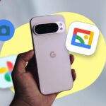 Homem sorridente usando um smartphone com o logotipo do Google Gallery Go e miniaturas de fotos em segundo plano.