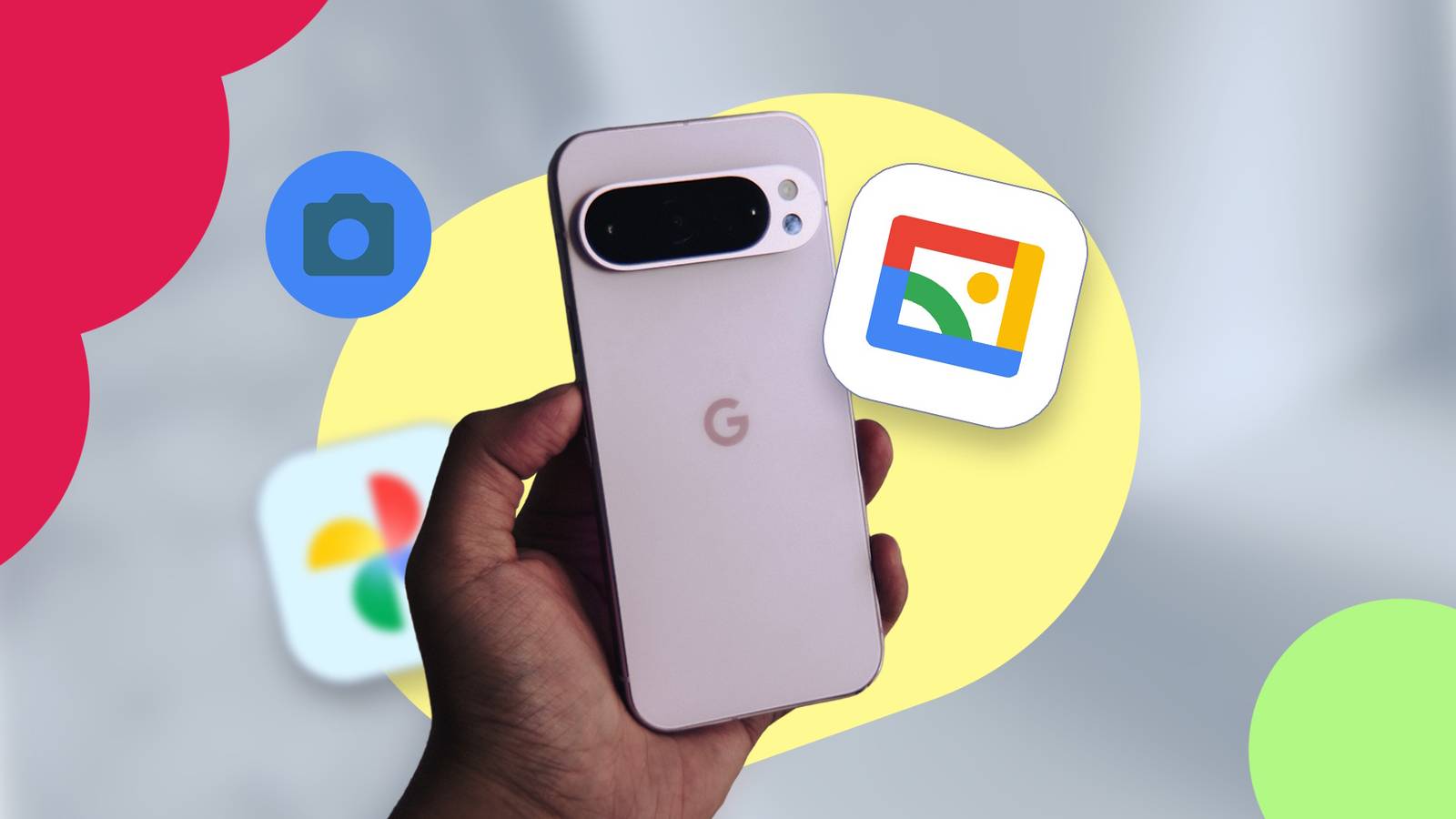 Homem sorridente usando um smartphone com o logotipo do Google Gallery Go e miniaturas de fotos em segundo plano.