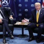 O presidente Trump, com o secretário-geral da NATO, Mark Rutte, na cimeira da NATO em Ancara, disse: “Estou muito chateado com a NATO por pagarmos muito, muito caro”.