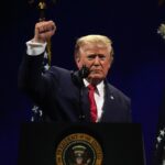 President Donald Trump gestures at the conclusion of his speech during Salute to America, an Independence Day event honoring the nation's 250th anniversary, Saturday, July 4, 2026, on the National Mall in Washington. (AP Photo/Mark Schiefelbein)