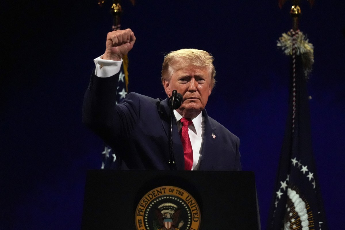 President Donald Trump gestures at the conclusion of his speech during Salute to America, an Independence Day event honoring the nation's 250th anniversary, Saturday, July 4, 2026, on the National Mall in Washington. (AP Photo/Mark Schiefelbein)
