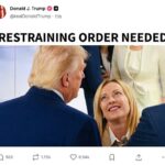 O presidente dos EUA, Donald Trump, compartilhou uma foto da primeira-ministra italiana, Giorgia Meloni, sorrindo para ele com as palavras “ordem de restrição necessária” marcadas no topo de sua conta no Truth Social.