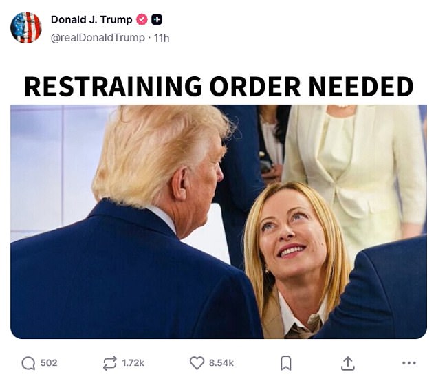 O presidente dos EUA, Donald Trump, compartilhou uma foto da primeira-ministra italiana, Giorgia Meloni, sorrindo para ele com as palavras “ordem de restrição necessária” marcadas no topo de sua conta no Truth Social.
