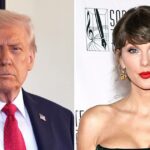 O presidente Trump se insere no dia do casamento de Taylor Swift com um pôster com o tema Eras Tour