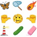 Uma prévia de nove novos emojis que estão a caminho (borboleta, rede, cometa, rosto sorridente rachado, farol, picles, borracha, polegares esquerdo e direito