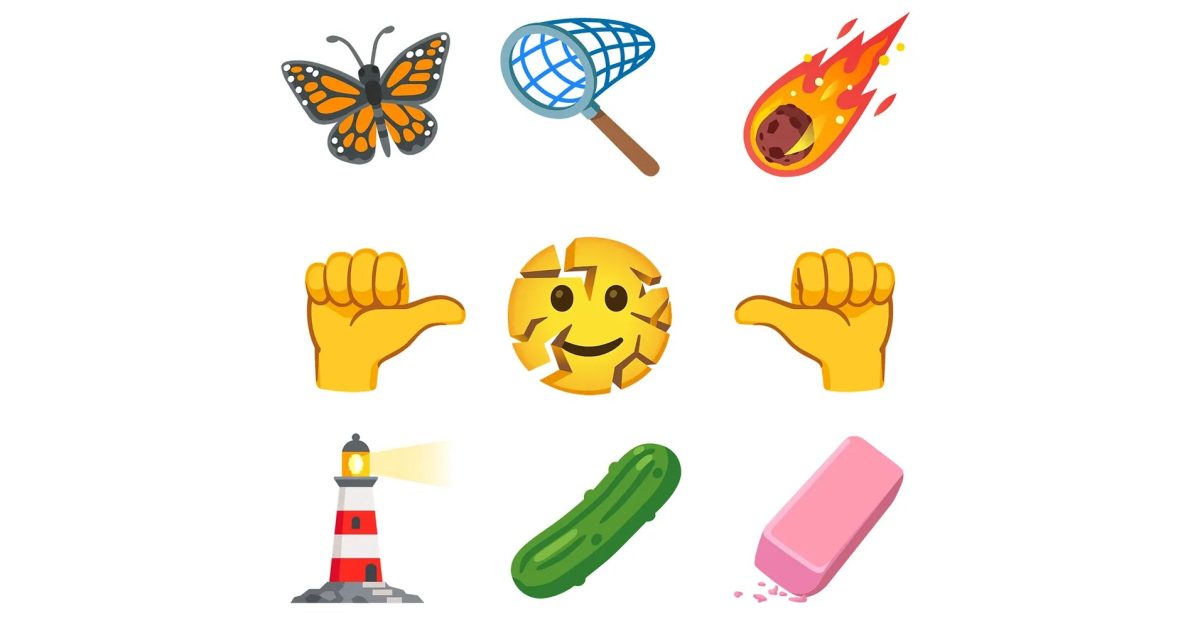 Uma prévia de nove novos emojis que estão a caminho (borboleta, rede, cometa, rosto sorridente rachado, farol, picles, borracha, polegares esquerdo e direito